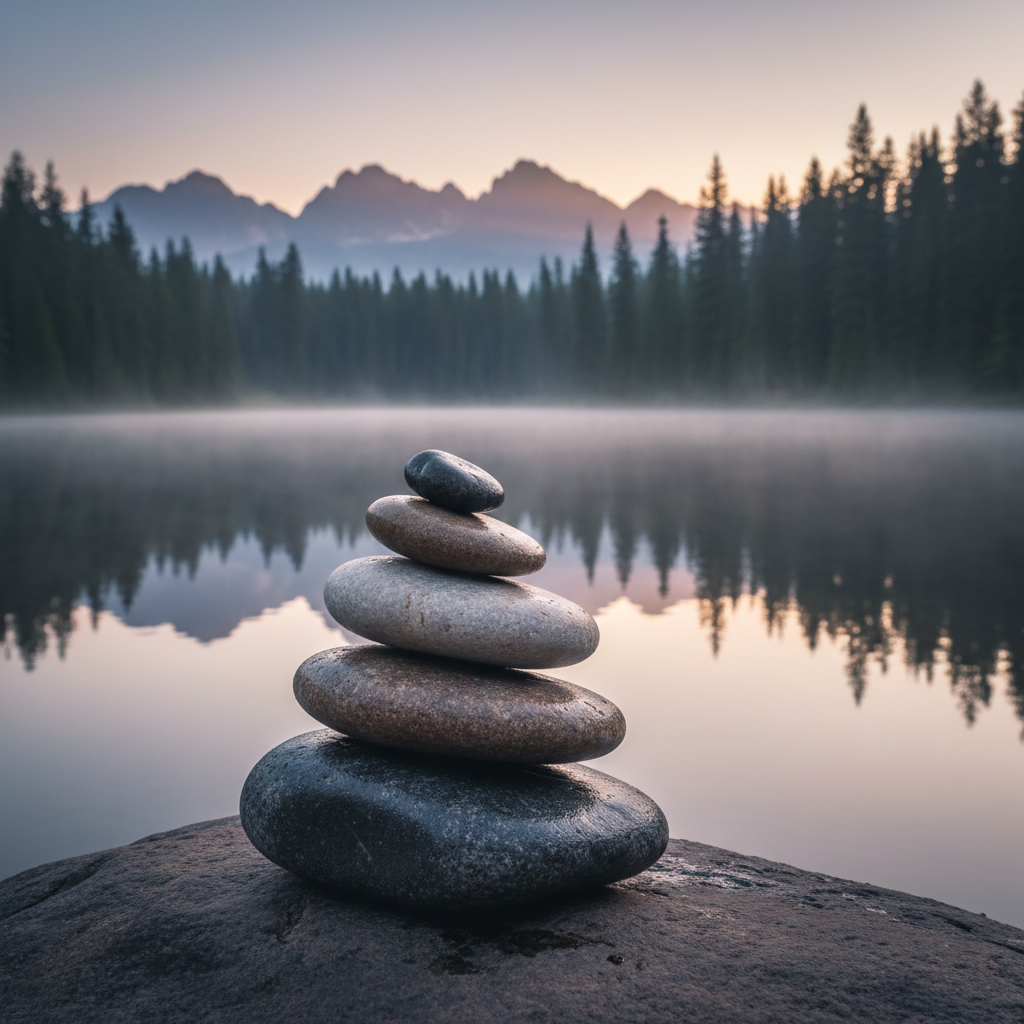 A solitary, smooth stone cairn is carefully stacked atop a large, flat rock at the edge of a secluded, mirror-like lake framed by dense pine forest. The stones range in color from pale gray to deep charcoal, their surfaces slightly damp and subtly reflective. Dawn light gently spills over a distant mountain range, casting a soft pink and gold gradient across the sky and a delicate shimmer on the water. Wisps of low fog hover above the lake surface, blurring the far shoreline. The composition places the cairn in the lower third of the frame, in sharp focus, while the background melts into a tranquil blur. Photographic realism with a serene, meditative atmosphere, evoking the balance between outer landscapes and inner stillness.