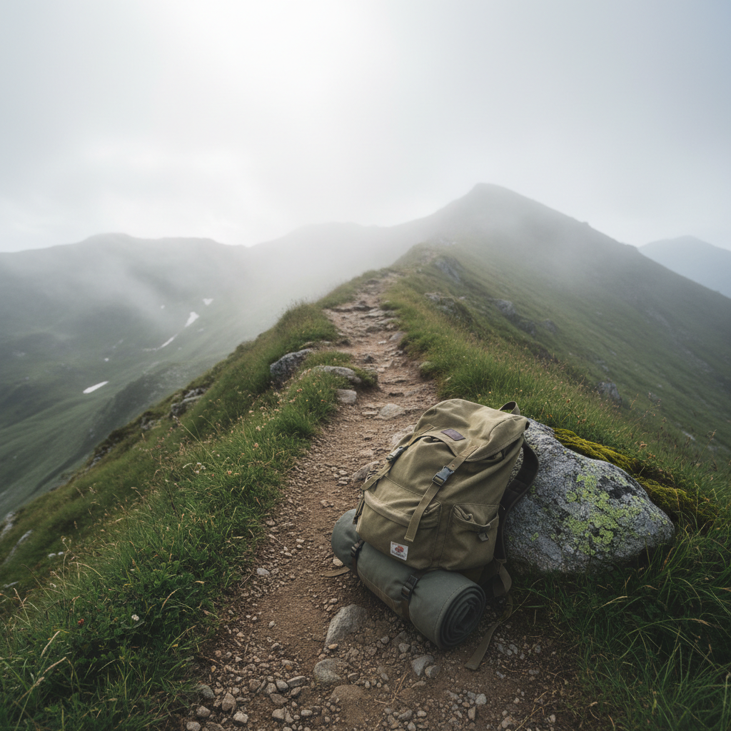 A narrow mountain path of compacted earth and scattered stones winds along the edge of a misty ridge, disappearing into low-hanging clouds. On the path sits a simple canvas backpack, its fabric slightly worn, leaning against a smooth, moss-covered rock. Deep green grasses and hardy alpine plants frame the trail, bending gently in an invisible breeze. Early morning light, pale and diffused, filters through the fog, softening the colors and creating a quiet, contemplative atmosphere. Shot from a low angle looking along the path, with the backpack in crisp focus and the distant landscape fading into a soft blur. Photographic realism, subdued tones, and a serene, introspective mood emphasizing the idea of finding oneself far from familiar boundaries.