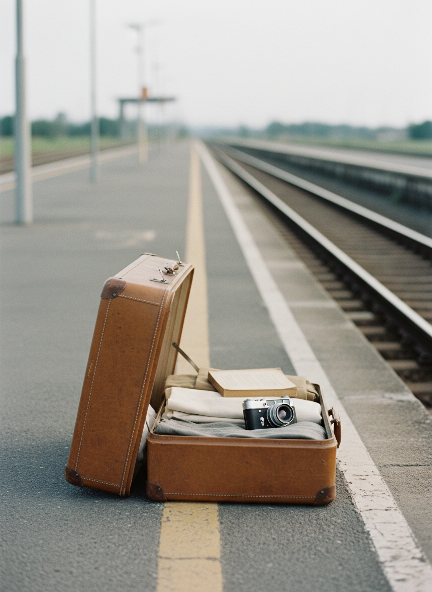 A single vintage suitcase made of textured tan leather stands slightly ajar in the center of a minimalist, sunlit train platform, revealing neatly folded neutral-toned clothes, a worn paperback book, and an old analog camera. The platform stretches into the distance, empty and quiet, with clean lines of metal rails disappearing into a hazy horizon. Soft overcast light creates a gentle, diffused glow with minimal shadows, emphasizing calm and stillness. The composition follows the rule of thirds, with the suitcase foregrounded in sharp focus and the receding tracks softly blurred. Photographic realism with a sophisticated, cinematic feel, capturing the moment of departure and the introspective space between staying and leaving.