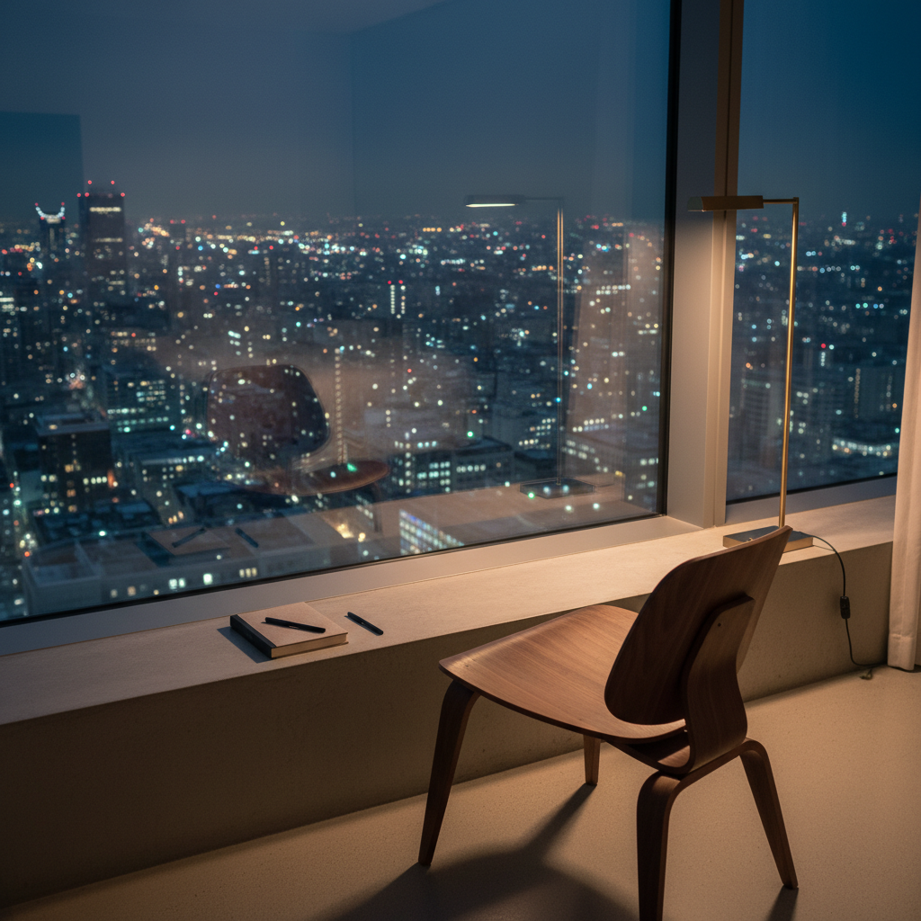 An empty wooden chair with a curved back and smooth, polished seat is positioned facing a large floor-to-ceiling window in a high, minimalist hotel room. Beyond the glass stretches a sprawling nocturnal cityscape: countless tiny lights, faint reflections in the window, and the suggestion of distant skyscrapers softened by a slight haze. On the wide windowsill rests a small, closed notebook and a slim black pen, neatly aligned. The primary illumination comes from the cool, ambient city glow and a single warm reading lamp behind the chair, creating a balanced interplay of warm and cool tones. Photographic realism, shot from a slightly elevated three-quarter angle, with a calm, reflective mood that suggests a pause for inner exploration between journeys.